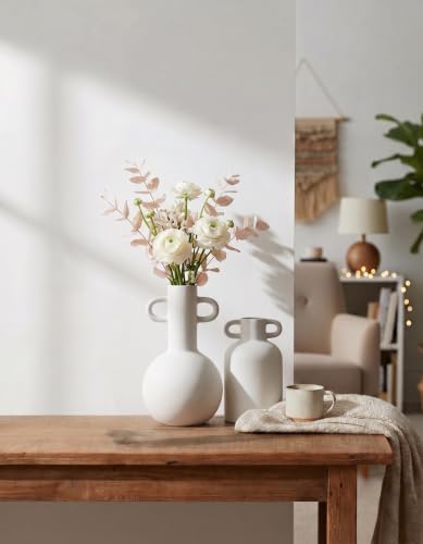 Image of PUREZENTO White Ceramic 'Nordic Bottle' Vase - Set of 2 | Matte Ceramic Flower Vases for Pampas Grass & Dried Flowers | Modern Decorative Vases for Home, Living Room, Bedroom, Office & Table Decor