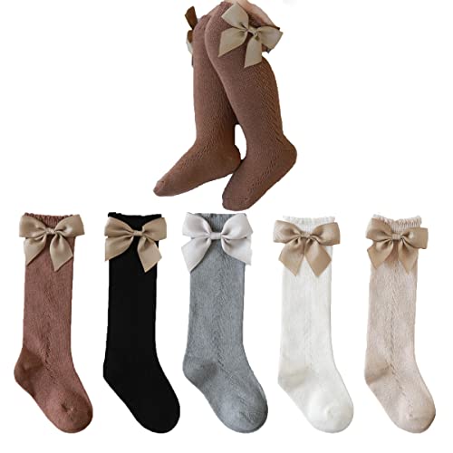 Image of Taous Assam Baby Girls Knee High Socks Toddler Mesh Bowknot Breathable Dress Socks Little Girls Cotton Tube Stockings