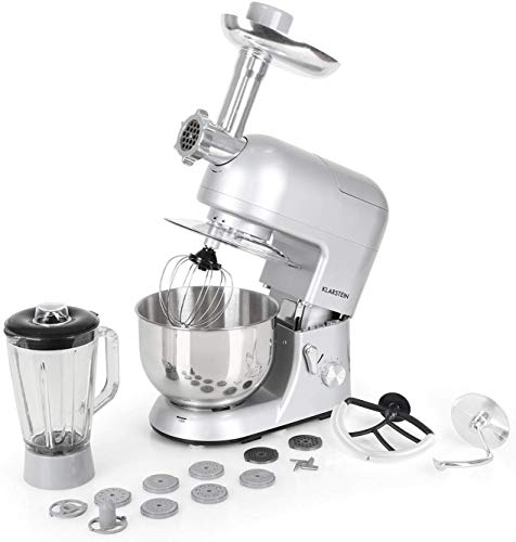 Preisvergleich Produktbild Klarstein Lucia Argentea - Universal Küchenmaschine, Rührmaschine, multifunktionale Küchenmaschine mit Fleischwolf, 1300 W, 5 L, planetarisches Rührsystem, Mixbecher, Edelstahlschüssel, silber