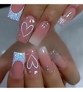 Pink Fake Nails Medium Short Press on Nails French Acrylic Blue Glitter Nails Ombre Translucent N...