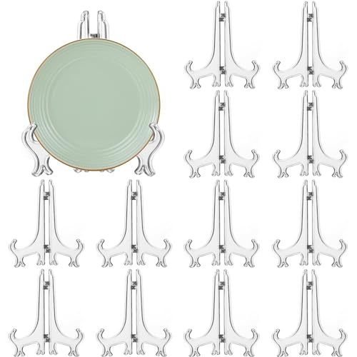 LonlyEagle 12 Pack 6 Inch Clear Plastic Easels or Stand/Plate Holders to Display Pictures or Other Items at Weddings, Plate Stands for Home Decoration, Birthdays, Tables