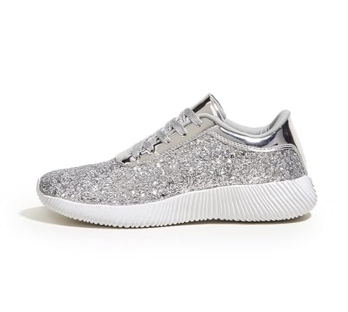 LUCKY STEP Damen Glitzer Turnschuhe Strass Sneaker Leichte Metallische Pailletten-Tennisschuhe (Silber, 9US-40EU-7UK)