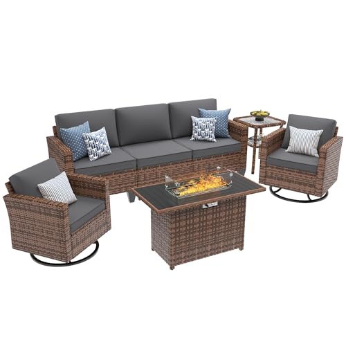 Image of UDPATIO Patio Furniture Set with Fire Pit Table, Rocking Swivel Chairs, 5 Pieces Outdoor Furniture Sets, All-Weather Wicker Outdoor Sectional Sofa with Waterproof Cover, 4'' Thickened Cushion, Grey