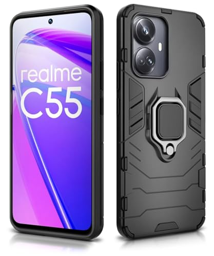 Image of WOW IMAGINE Shock Proof Back Case Mobile Cover for Realme C55 | Realme Narzo N55 | Back Cover Case (Tough Armor | Hybrid PC + TPU | Ring Holder & in-Built Kickstand | Black)