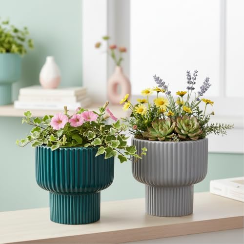 Image of Xtore Striking Ribbed Ceramic Planter Set for Indoor Plants | Contemporary Decorative Flower Pots for Living Room, Office Desk, Shelf & Tabletop Greenery (Set of 2, Teal Green & Grey, Planters only)