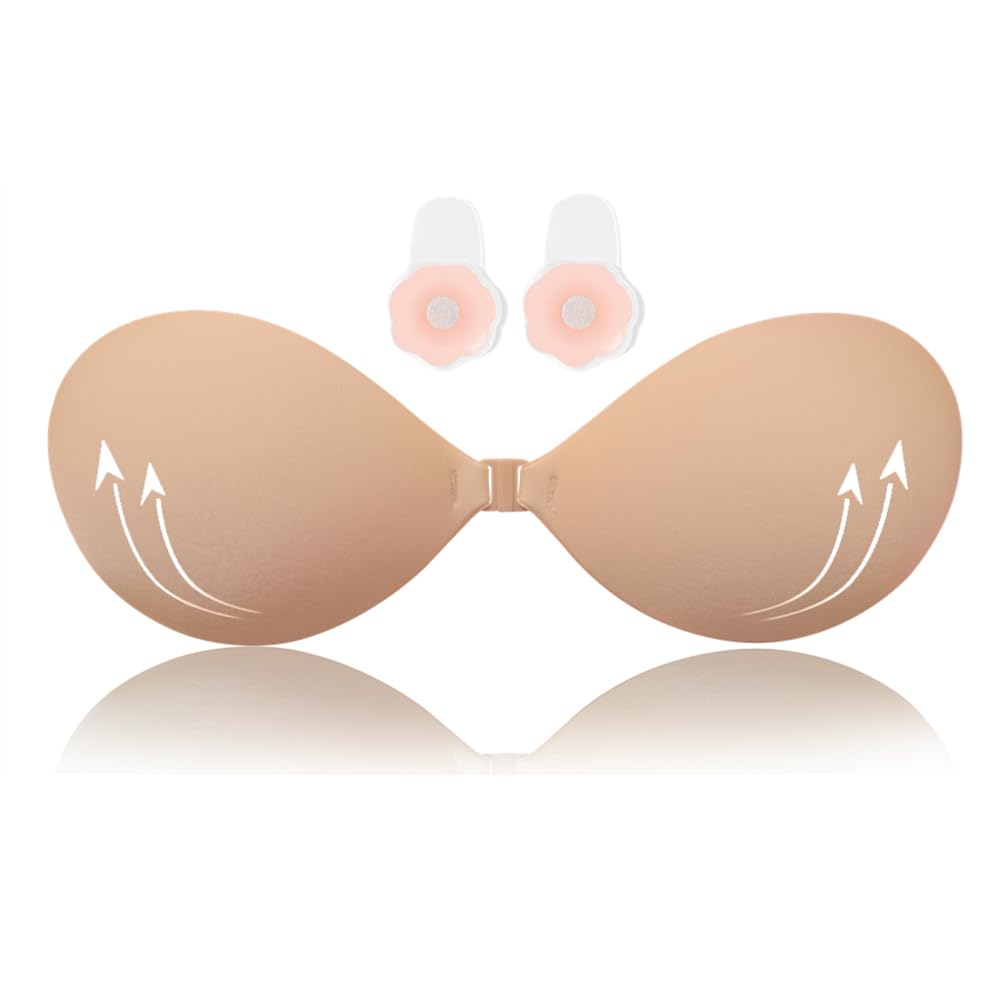 Sticky Bra,Adhesive Invisible Bras,Backless Strapless Bra,Push Up Lift Up Bras (1Pair Skin + 1 Pair Nipple Covers)