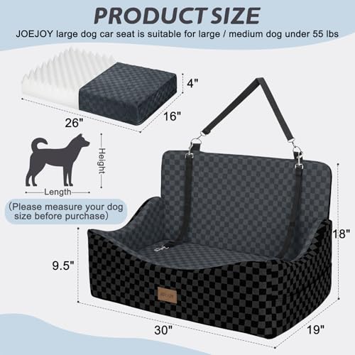 Image of JOEJOY Dog Car Seat for Medium /Large Dogs - Reversible Dual-Sided Travel Dog Car Bed with Memory Foam, Washable Pet Booster Seat for Dogs up to 55 lbs or 2 Small Dogs, 2 Safety Leashes, Dark Grey