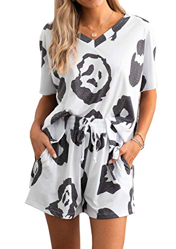 PRETTYGARDEN Women’s Leopard Print Two Piece Pajamas Set Short Sleeve Tops With Drawstring Shorts Sleepwear Loungewear Apricot