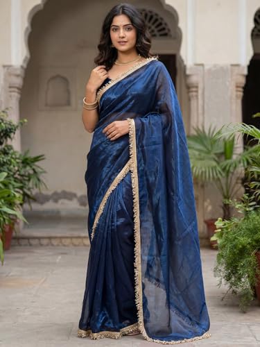 Image of AKHILAM Women's Shimmer Net Solid Saree With Unstitched Blouse Piece
