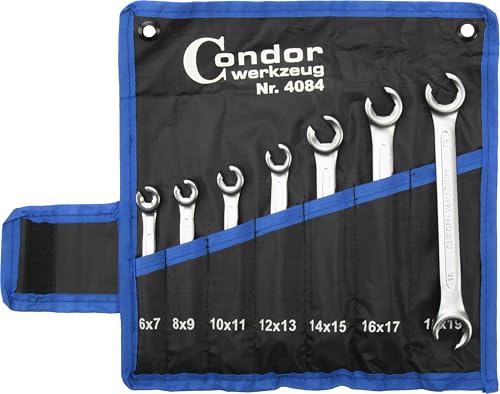 CONDOR Werkzeug 4084 | Jeu de clés polygonales ouvertes | Jeu de 7 clés | SW 6 x 7-18 x 19 mm | Acier au chrome vanadium | Jeu de clés de conduite de frein pour atelier et bricolage