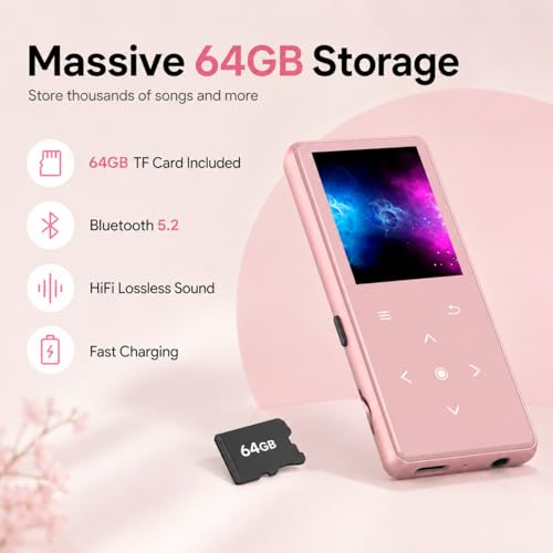 Image of 64GB MP3 Player with Bluetooth 5.2, AiMoonsa Music Player with Built-in HD Speaker, FM Radio, Voice Recorder, HiFi Sound, E-Book Function, Rose Gold