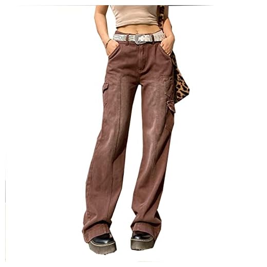 SKYWPOJU Harajuku Dam Jeans Byxor Streetwear Hippie Denim Byxor Dam Koreansk stil Byxor med vida ben Vintage Grunge Byxor (Color : Brown, Size : S)