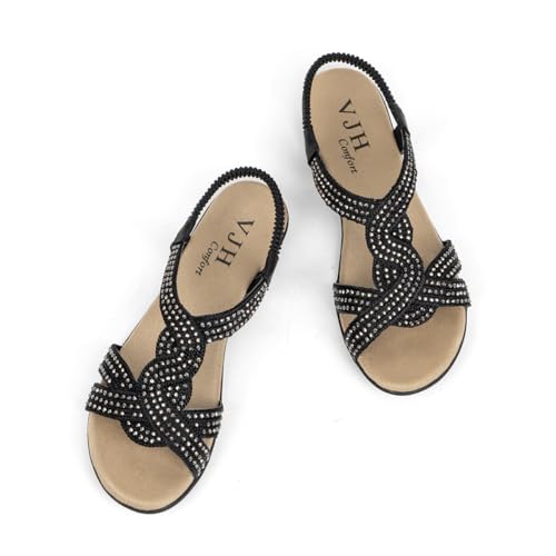 VJH confort Women's Flat Sandals Rhinestone Stretchy Strap Low Wedge Comfy Dressy Walking Sandals4