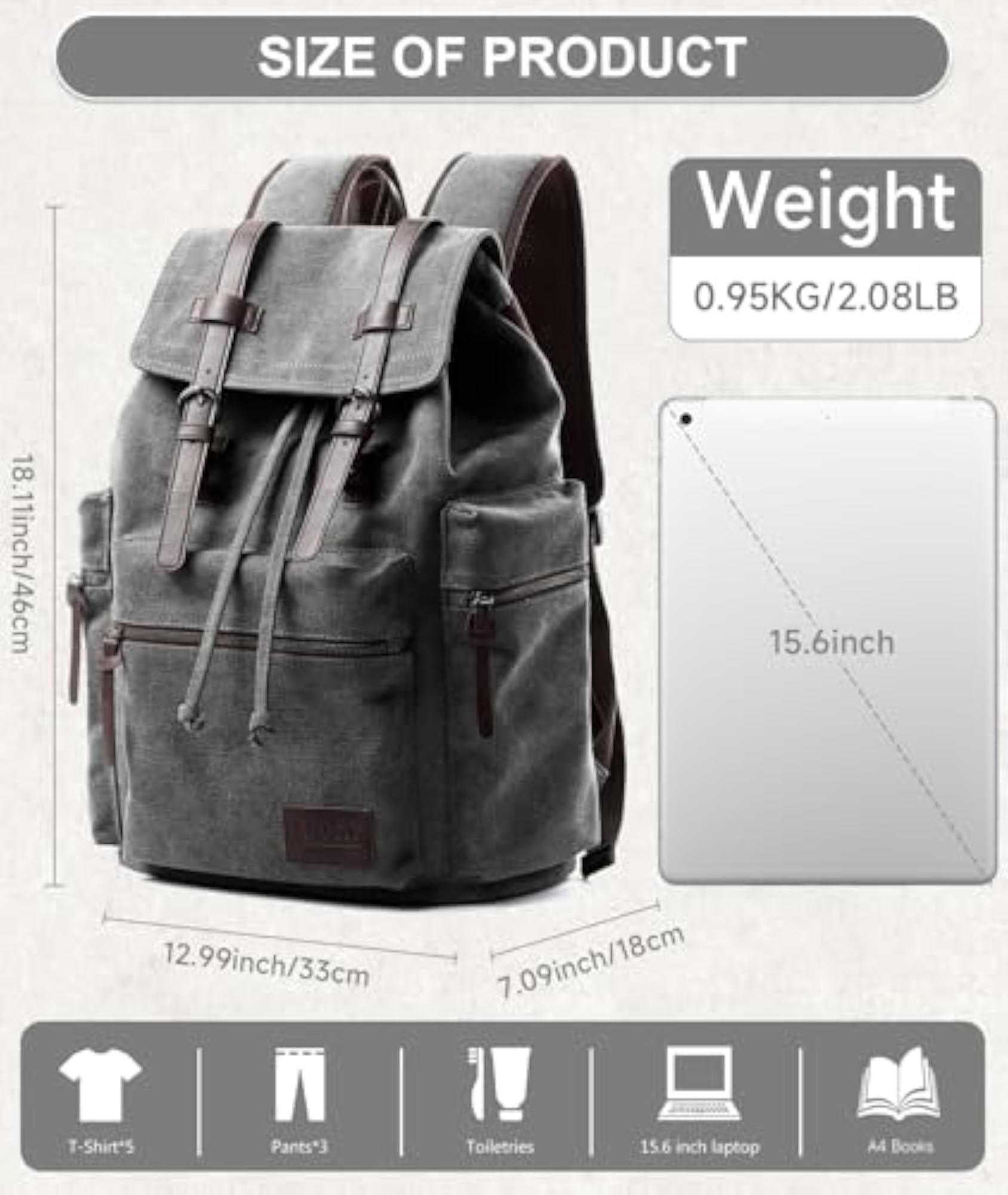 Canvas Vintage Backpack for 15.6 Inch Laptop, Casual Daypack