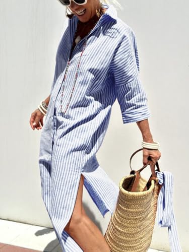 Image of chouyatou Women's Summer 3 /4 Sleeve Striped Shirt Dress Belted Maxi Long Casual Button Down Beach Dress