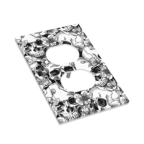 Sugar Black/White Skull Goth Gothic Skeleton Duplex Receptacle Outlet Covers Electrical 1-Gang Plug Wall Plate Switchplate Decorative Faceplate Hibiscus Lily Floral Halloween Hippie For Bedroom Decor #TOP2