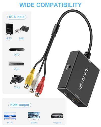 Image of RCA to HDMI Adapter Converter, AV to HDMI Converter with HDMI Cable Supports PAL /NTSC for PS2 /VHS /VCR /Blue-Ray DVD ect.
