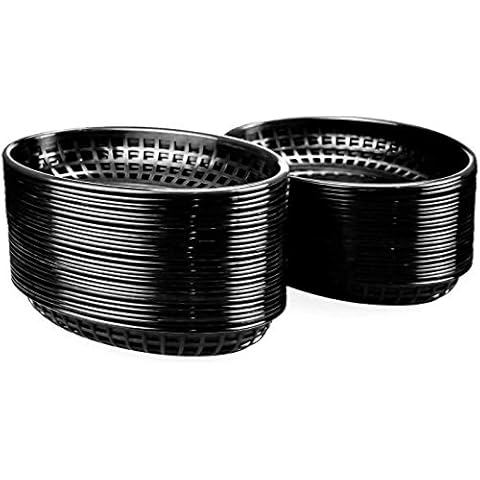 Lawei 50 Pack Oval Food Basket Plastic Diner Fast Food Basket for Fries Chip Sandwiches Burgers Picnics BBQ Party, Black Cover