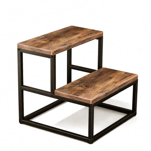 ROMIVO Hot Tub Step Stool 2 Step Stool for Adults & Kids 500 lbs Heavy Duty Metal Frame Wood-Look Bed Steps for High Beds Kitchen Bathroom RV Covered Spa Area Rustic Brown