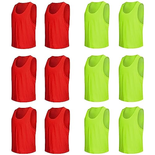 Senston 12X Chaleco de Entrenamiento de Malla Transpirable/Camisetas de Marcador Baloncesto/fútbol para jóvenes y Adultos artículos Deportivos de Equipo Entrenamiento,Rojo+Verde Fluorescente, M