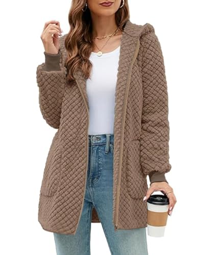 ABINGOO Veste Polaire à Capuche Femme Manteau Longue Peluche Doux avec Poches Cardigan Décontracté Pelucheux Zippé pour Automne Hiver(Kaki,L)
