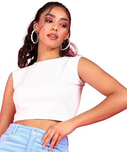 Image of POPWINGS Casual Self-Design Round-Neck Sleeveless Crop Top for Women || Summer Wear Crop Tops for Women || Stylish Western Regular Wear Women Crop Tops