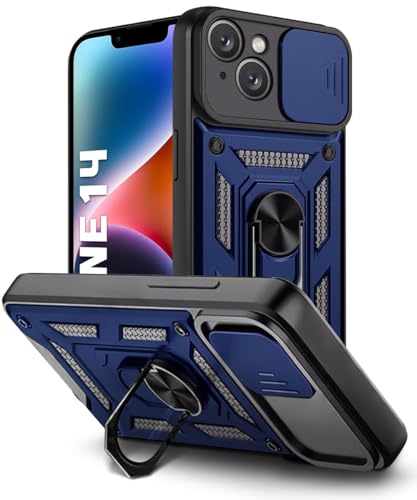 Image of WOW IMAGINE Tough Armor Bumper Mobile Back Case for iPhone 14 | Sliding Camera Shield Cover | Shock Proof 360 Protection | Hybrid PC + TPU | Ring Holder with Kickstand - Blue