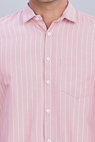 Image of MILDIN Men's Pure Cotton Striped Printed Shirt with Spread Collared Neck Full Sleeve Curved Hemline Button Closure and Regular Fit | Shirt for Man