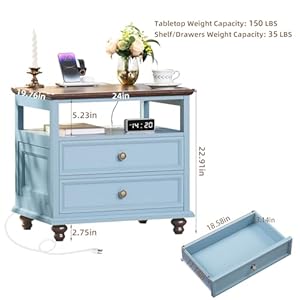 Farmhouse Nightstand Set of 2 with Charging Station, 24" Wide End Table with 2 Drawers,Light Blue Dresser Cabinet for Bedroom,Bed Side Table Chest of Drawers,Night Stand for Living Room Farmhouse Nightstand Set of 2 with Charging Station 24 Wide End Table with 2 DrawersLight Blue Dresser Cabinet for BedroomBed Side Table Chest of DrawersNight Stand for Living Room