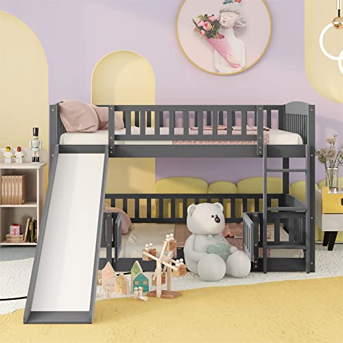 Full Over Full Low Bunk Bed With Slide And Fence Railings Wood Floor Bunk Beds With Ladder For Toddler Kids Boys Girls Teens, Gray #TOP2