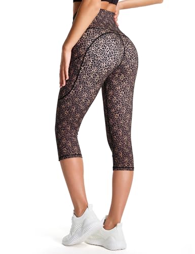 Image of THE GYM PEOPLE Thick High Waist Capris Yoga Pants with Pockets, Tummy Control Workout Running Yoga Leggings for Women