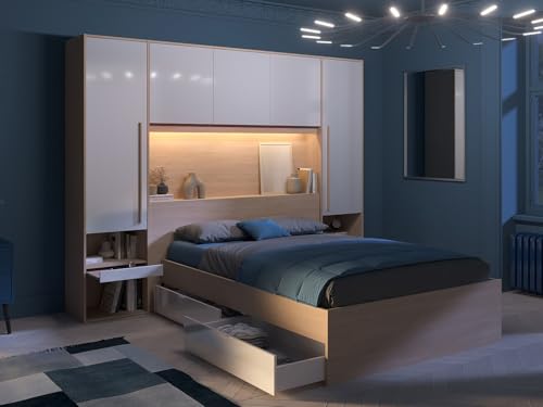 Vente-unique-Bett mit Stauraum + Lattenrost + Matratze - 140 x 190 cm - Mit LED-Beleuchtung - Holzfarben & glänzend weiß - VELONA – Bild 5