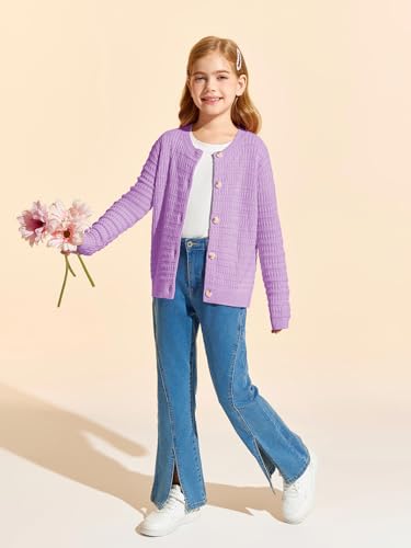 Image of Haloumoning Girls Button Down Cardigan Jackets Kids Long Sleeve Cable Knit Sweaters 5-14 Years Purple
