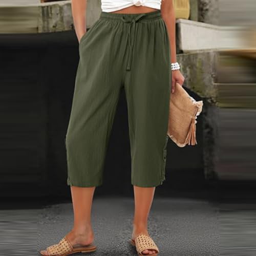 Capri Pants for Women Boho Lace Beach Slacks High Waist Summer Capris Elastic Waist Travel Beach Cropped Trousers - 1