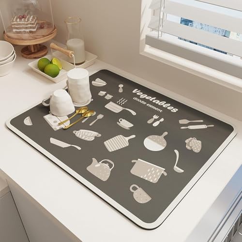 Image of DRAKIO Dish Drying Mat for Kitchen Counter | Absorbent Rectangular Countertop Drying Pad with Printed Utensil Design | Non-Slip Surface Mat for Dishes, Cups & Kitchen Accessories