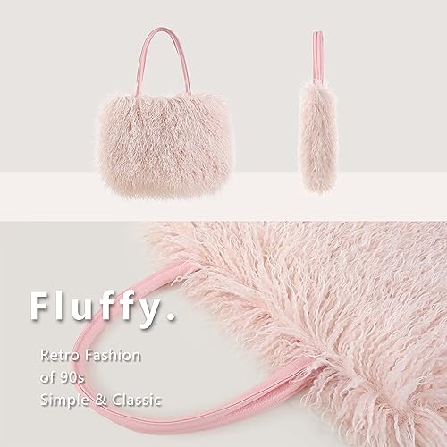 Image of Women's Fuzzy Tote Bag Curly Handbag Furry Shoulder Bag Large Plush Top Handle Purses Winter