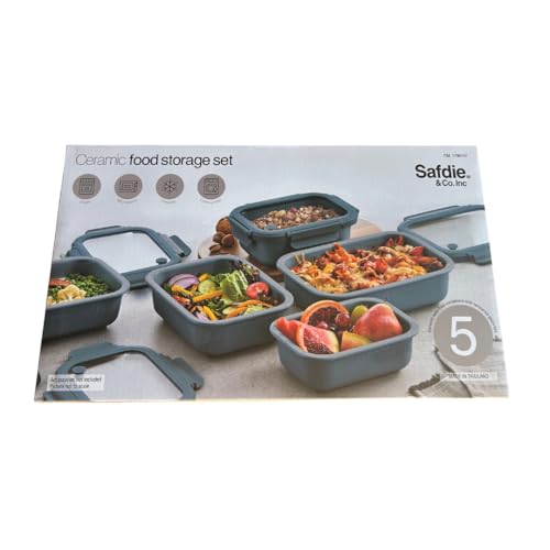 Safdie Ceramic Food Storage Set, 5 Containers with Glass Lids, Leak-Free Kitchen Containers (Blue)
