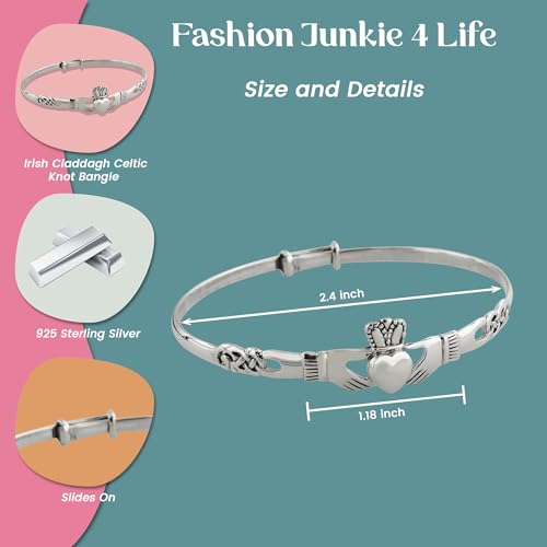 FashionJunkie4Life 925 Sterling Silver Irish Claddagh Celtic Knot Bangle Bracelet2