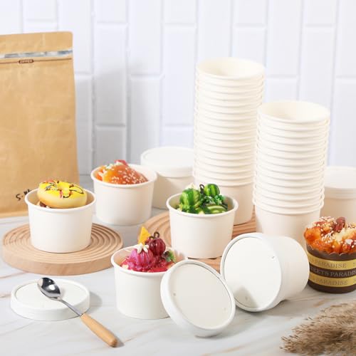 Image of Fulmoon 8 oz 100 Pack Paper Containers with Lids Soup Bowl Cup, White | Disposable Ice Cream Cup, Kraft Food Containers with Vented Lid Stackable for Hot Soup Dessert Cake Fruit Microwave Takeout