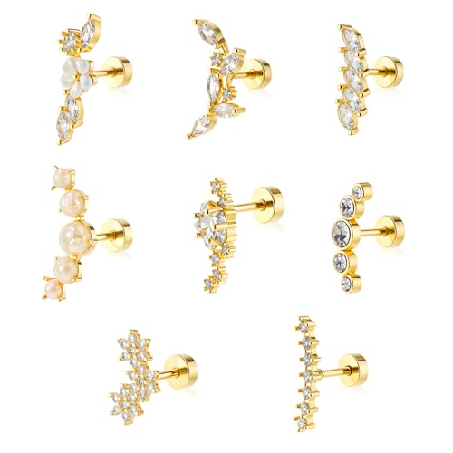 Yolev 8 PCS 16G Cartilage Earrings Helix Piercing Jewelry Back Earrings Helix Piercing Jewelry Opal Stud Set Flower Leaf Screw Back