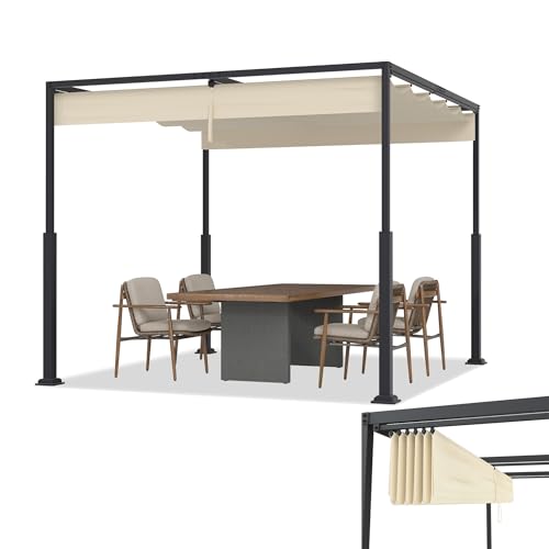 TATIVALO Pérgola de metal de 3 × 3 m, color beige con techo solar, resistente a la intemperie, acero en polvo, resistente a los rayos UV y al agua, techo de láminas, resistente al invierno, protección