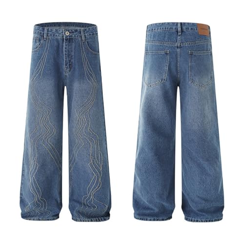 Men’s Baggy Jeans Wide Leg Denim Pants with Wave Stitch Detail Vintage Washed Streetwear Skate Style