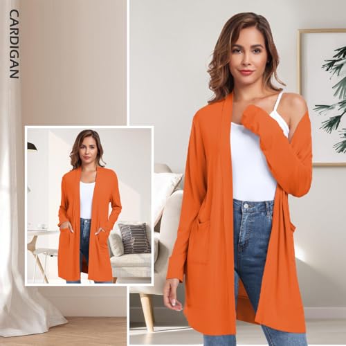 TownCat Damen Strickjacke Lang Mit Taschen Langarm Offener Strickmantel Cardigan Damen Lang Elegant Dünn Kultivieren Lässig Leichte Belüftung Orange L