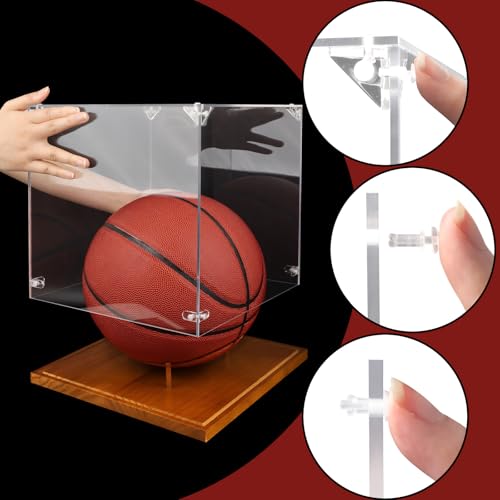 Image of Clear Acrylic Basketball Display Case with Wood Base & Tee, Memorabilia Stand Cube Holder, Dust Protection Transparent Storage Box for Single Ball Souvenir Basketball Collections