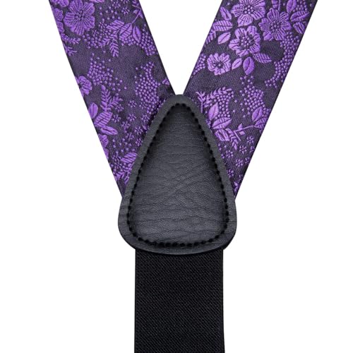 Image of Hi-Tie Men's Suspenders and Tie Set Silk Adjustable Elastic Y Braces with Strong 6 Clips Pocket Square Set