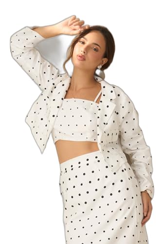 Image of VIRGIO Women's Polka Dot Crop Blazer - 100% Cotton Tailored Fit Cropped Jacket, Lightweight Breathable Cotton Blazer for Women, Casual Wear, Office Wear, Stylish Layering Piece