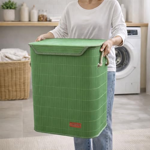 Image of Luxe Home Laundry Basket for Clothes, Premium Bamboo Big Storage Bag with Lid and Side Handle Multipurpose Used In Laundry Rooms, Bedrooms, Bathrooms (40x30x50 cm, Green)