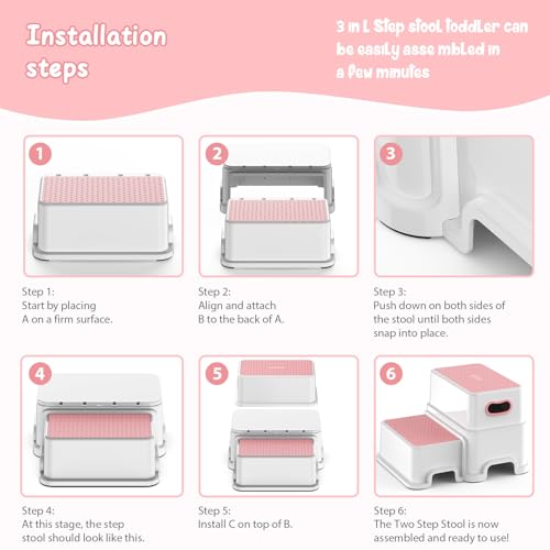 Image of Victostar 2 Step Stool for Kids, Anti-Slip Sturdy Toddler Two Step Stool for Toilet Potty Training, Bathroom,Kitchen (Pink)