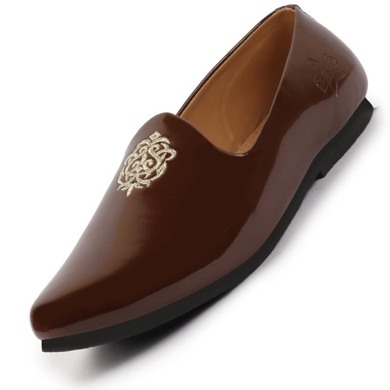 Image of FAUSTO Men's Patent Glossy Ethnic Embroidered Design Slip On Shiny Juttis & Mojaris for Party|Wedding|Festival