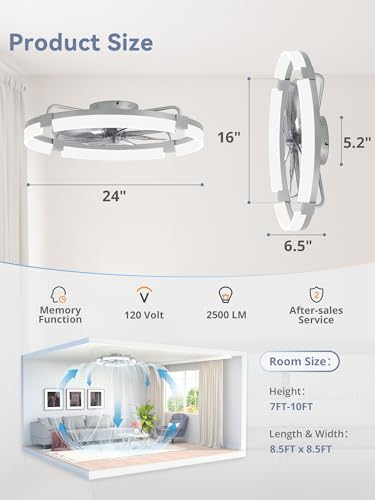 Image of LEDIARY 24 inch Ceiling Fans with Lights and Remote, Modern Low Profile Ceiling Fan, 3 CCT, Stepless Dimmable, Fandelier Flush Mount Fan Light, 6 Speeds, DC Motor, App & Remote Control for Bedroom(Grey)